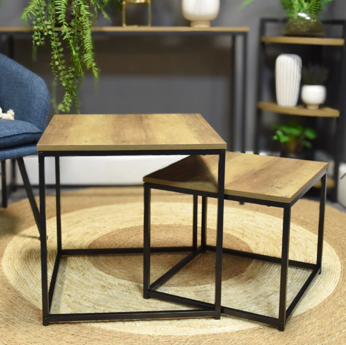 Wood and Metal Square Nest of Tables