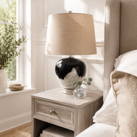Abstract ombré glass lamp with linen shade