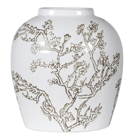 Ceramic white vase with blossom print brown