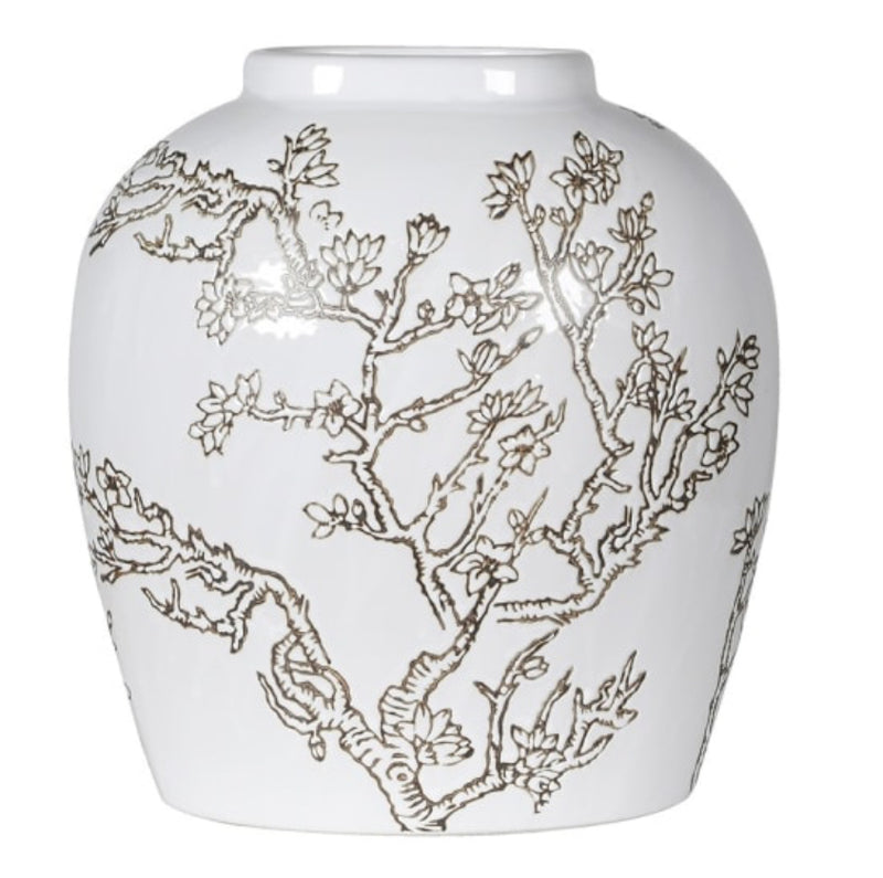 Ceramic white vase with blossom print brown
