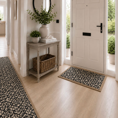 Harlequin Grey Taupe Tile Patterned Washable Door Mat & Runner rug