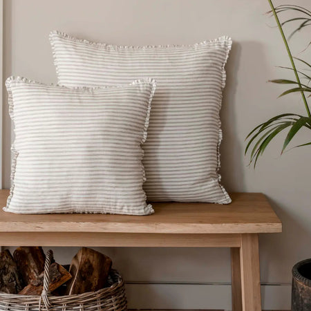 Boxwell stripe neutral frill edge cushion linen cotton cream white beige stone square 45cm