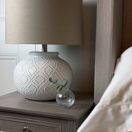 Squat beaded bobble ceramic lamp with shade