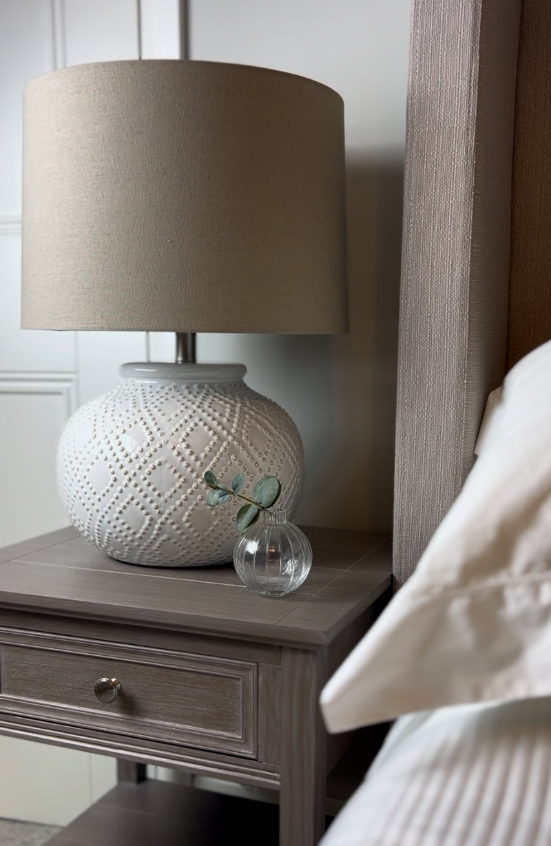 Large Distressed stone Terracotta Table Lamp with natural Linen Shade