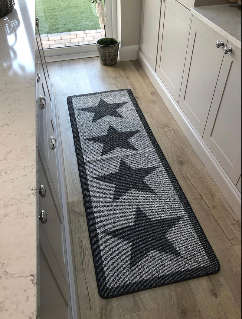 Charcoal Star Door washable mat rug Runner 67cm by 150cm and 67cm by 200cm