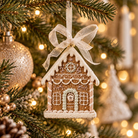 Beautiful hanging gingerbread house tree decoration with ribbon