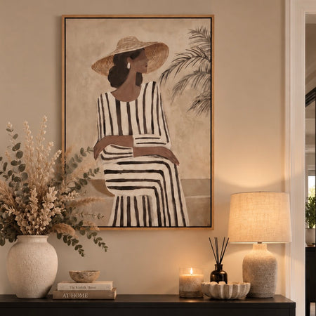 Lady in striped dress artwork with wooden frame 60x90cm