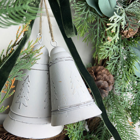 White metal hanging bell tree embossed 2 sizes