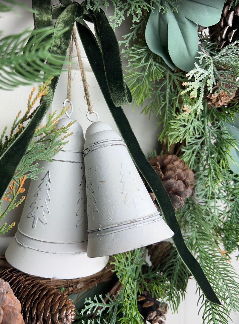 White metal hanging bell tree embossed 2 sizes