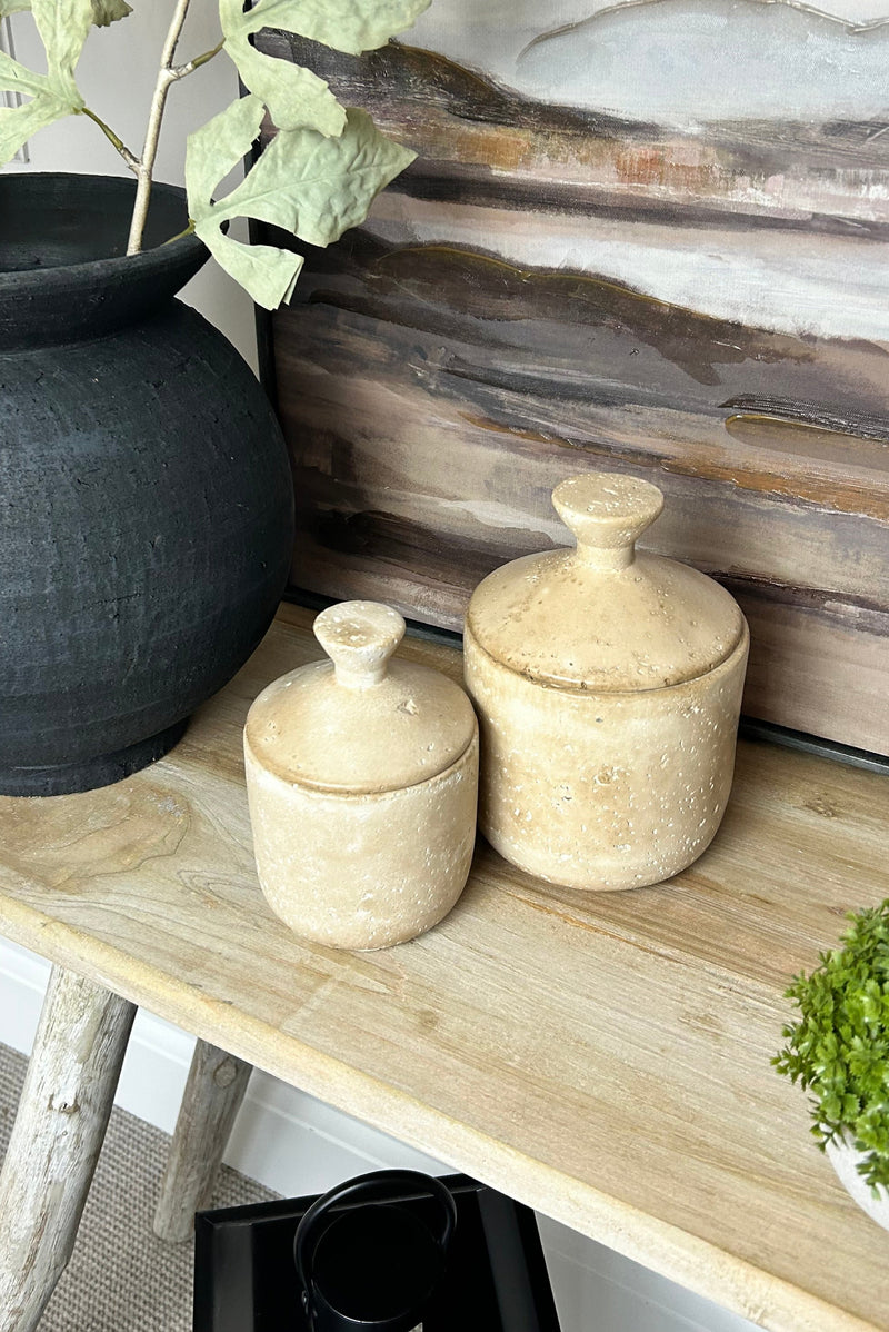 Taupe clay lidded jar pot 2 sizes
