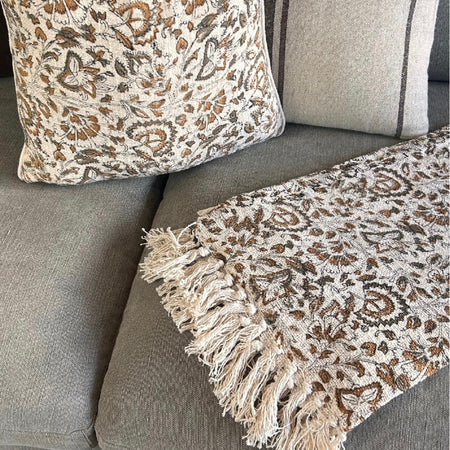 Brown beige floral print cushion cover 45cm and throw 130x150cm