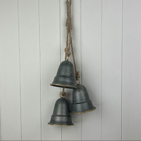 Set of 3 Hanging Pewter black gold Bells on Rope