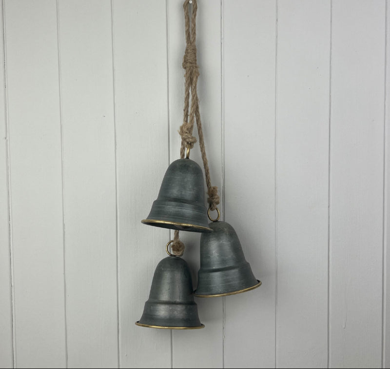 Set of 3 Hanging Pewter black gold Bells on Rope