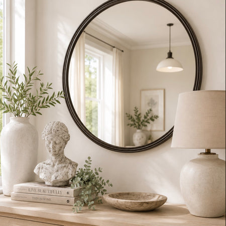 Antique dark brown round rim rib detail mirror 80cm