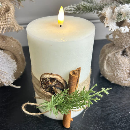 Large LED foliage hessian candle cream 10cm
