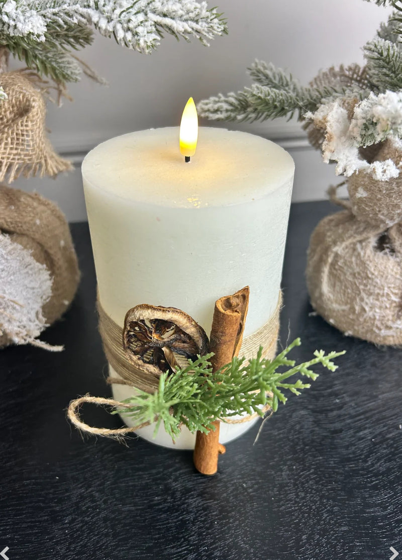 Large LED foliage hessian candle cream 10cm