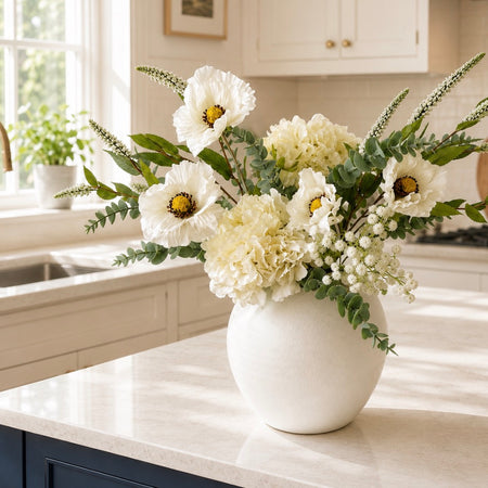 Arrangement 5 washed eucalyptus bunch poppy Veronica white hydrangeas gypsophila