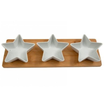 Set of 3 Star Dip dishes with wood tray 38cm