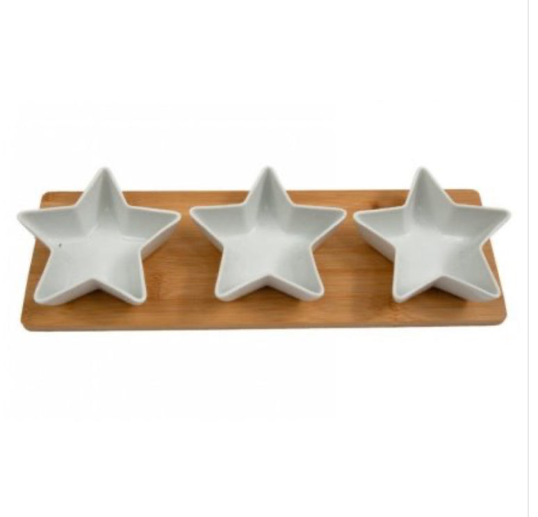 Set of 3 Star Dip dishes with wood tray 38cm