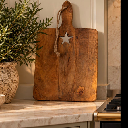 Wooden paddle serving chopping board cut out star