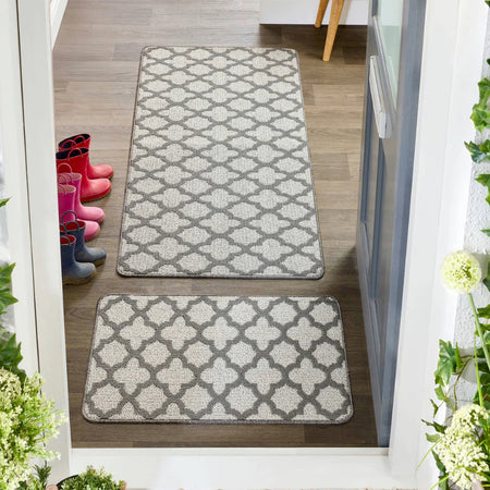 Silver grey Tile print washable door mat rug 3 sizes