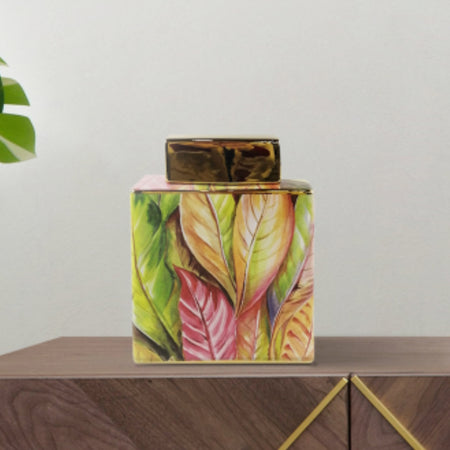 Green leaves ceramic lidded ginger jar 2 sizes