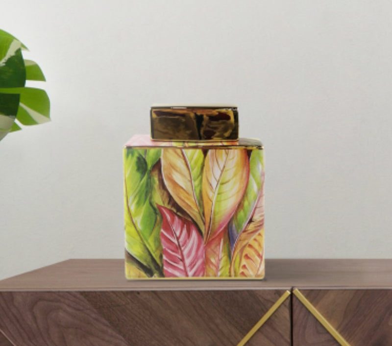 Green leaves ceramic lidded ginger jar 2 sizes