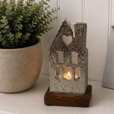 Small metal house candle holder 14cm