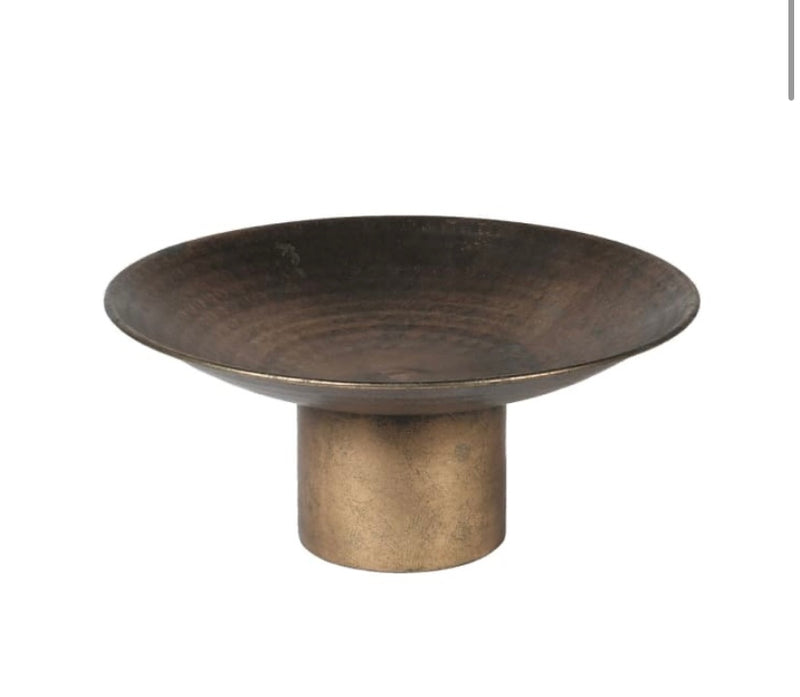Antique Gold bronze hammered Round Metal Bowl on foot