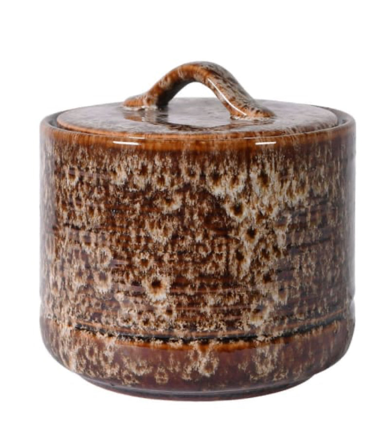Chunky mottled brown ceramic lidded jar