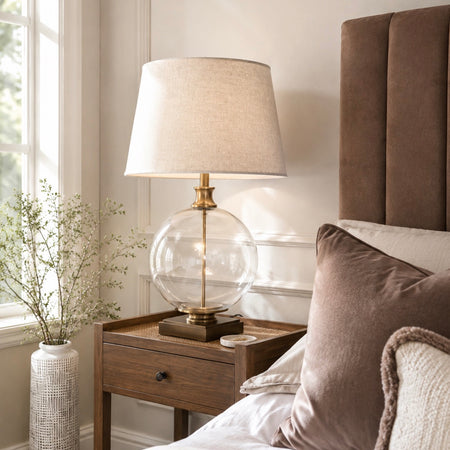 Lunel Glass Orb gold brass Table Lamp With Edged Linen Shade