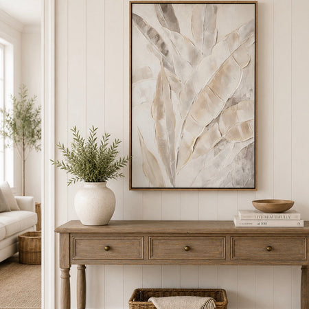 Folira hand painted canvas art in frame leaf feather neural