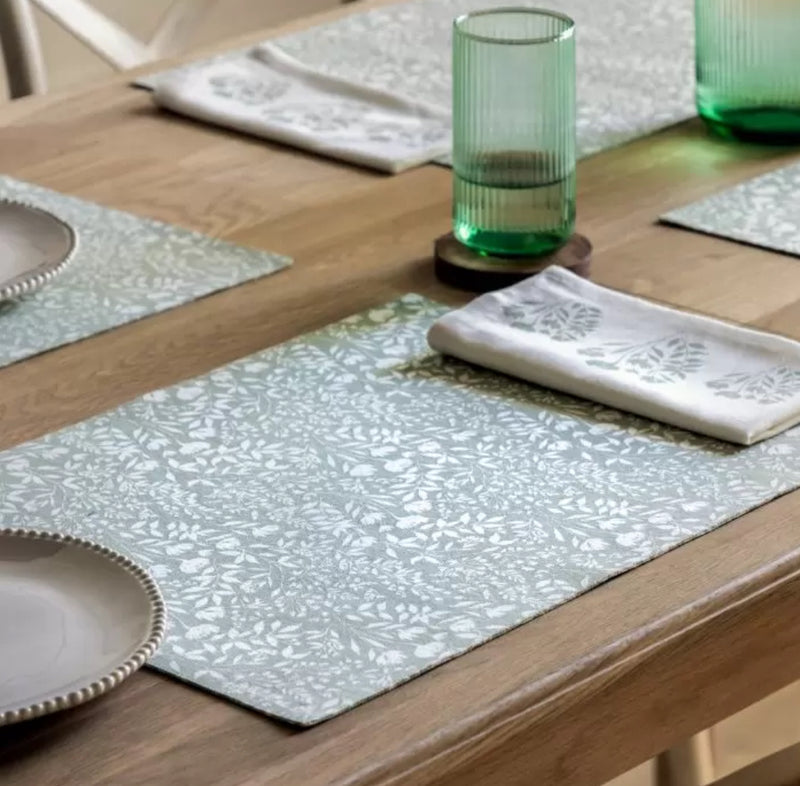 Set of 4 sage green floral cotton placemats and linen cotton napkins