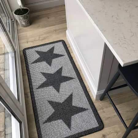 Charcoal Star Door washable mat rug Runner 67cm by 150cm and 67cm by 200cm