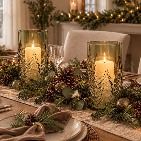 Green tree embossed scene candle holder hurricane