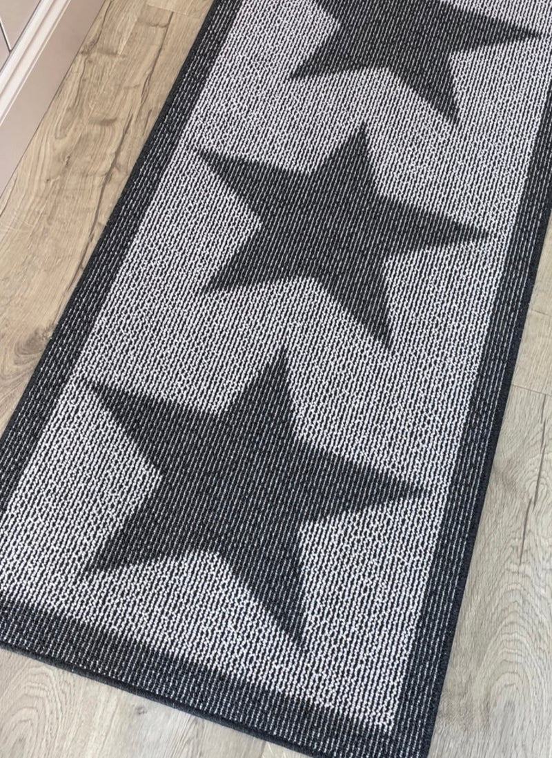 Charcoal Star Door washable mat rug Runner 67cm by 150cm and 67cm by 200cm