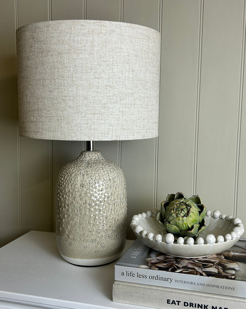 Stone grid print white lamp with linen shade