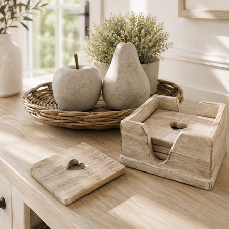 6 Wooden heart coasters in holder