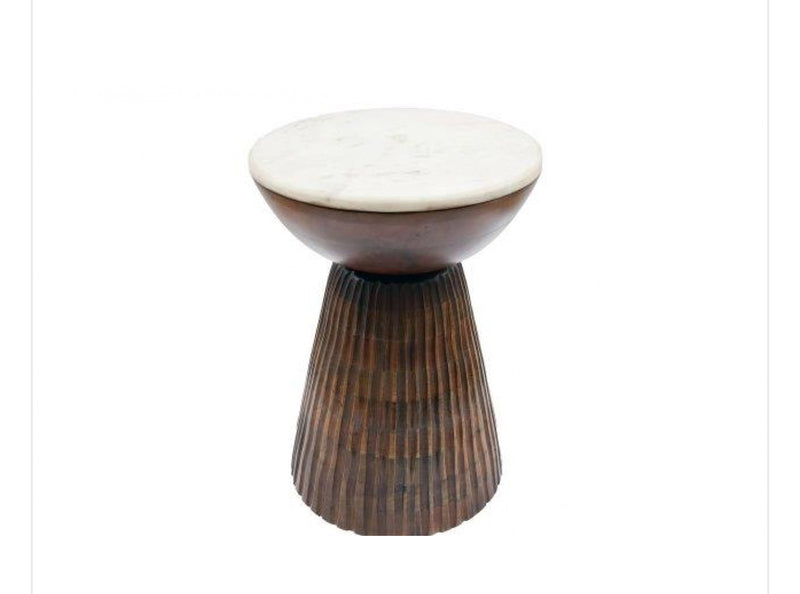 Dark wood round slatted table with solid marble top