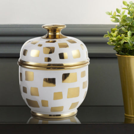 Gold white ceramic print lidded jar small