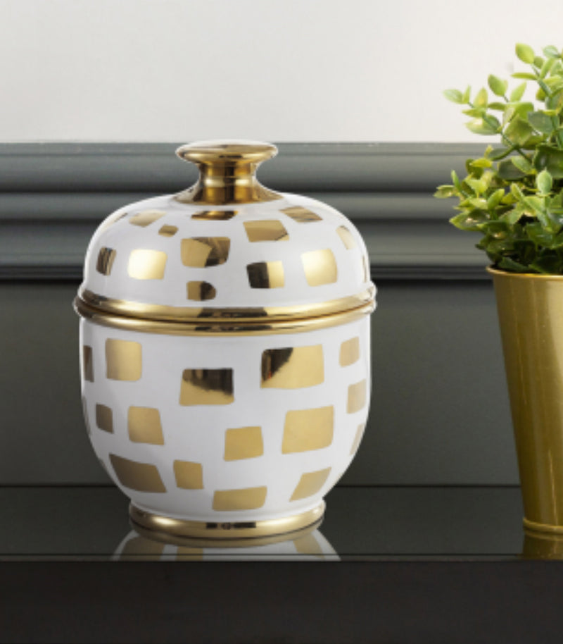 Gold white ceramic print lidded jar small