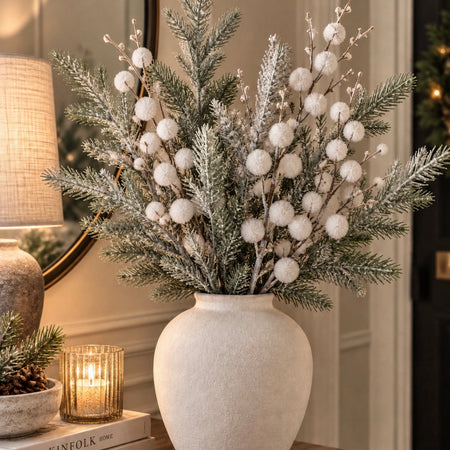 White Pom Pom snowy twig stem 60cm