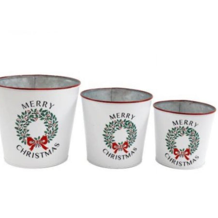 White & Red Christmas Wreath Metal Plant Pots 3 sizes