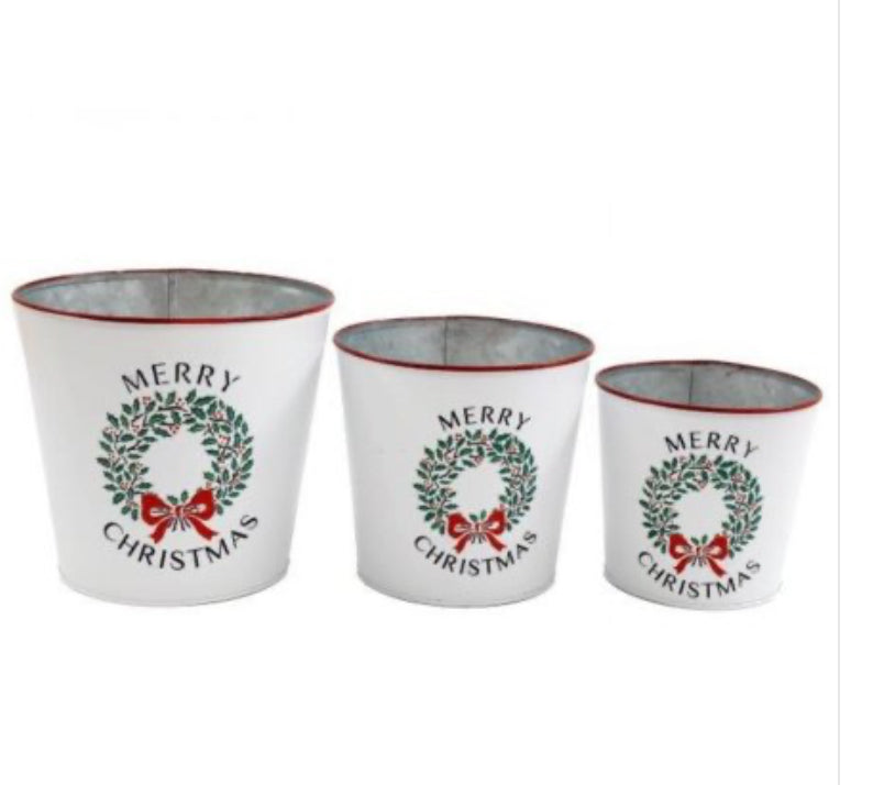 White & Red Christmas Wreath Metal Plant Pots 3 sizes