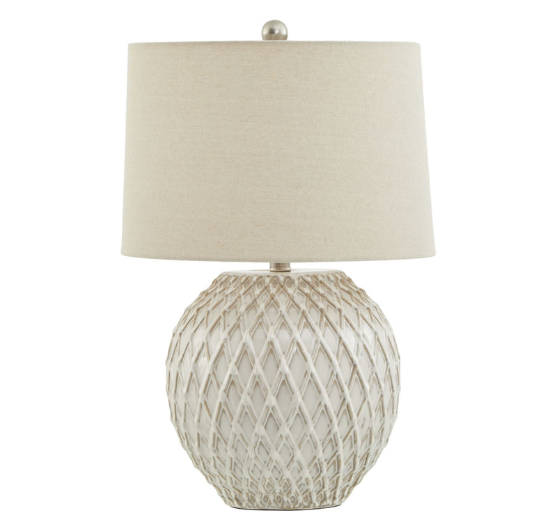 Lattice textured ceramic lamp with linen shade