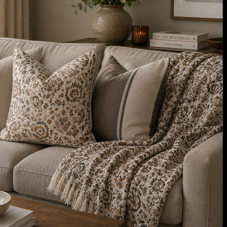 Brown beige floral print cushion cover 45cm and throw 130x150cm