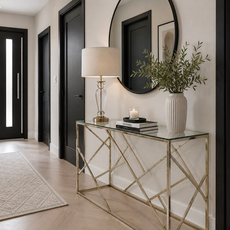 Azaria gold metal and glass console table