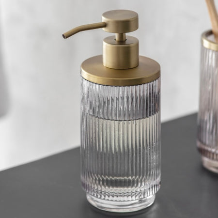 Antique brushed Brass Ribbed smoked Glass Soap Dispenser