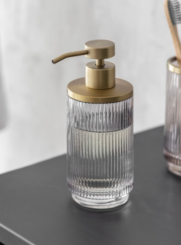 Antique brushed Brass Ribbed smoked Glass Soap Dispenser
