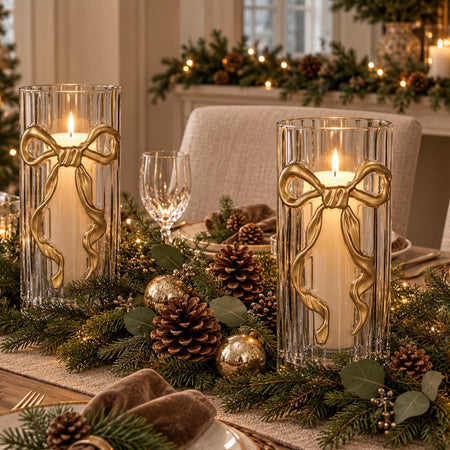 Gold bow ribbed glass candle holder hurricane